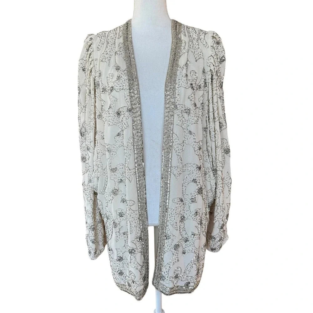 JACK BRYAN Embellished Beaded Sequin Jacket‎ Cream Formal Evening Women 10